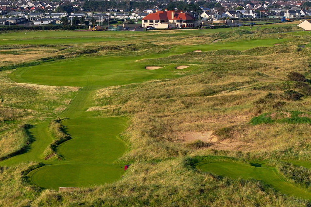 An aerial view of the 18th hole at Royal Portrush